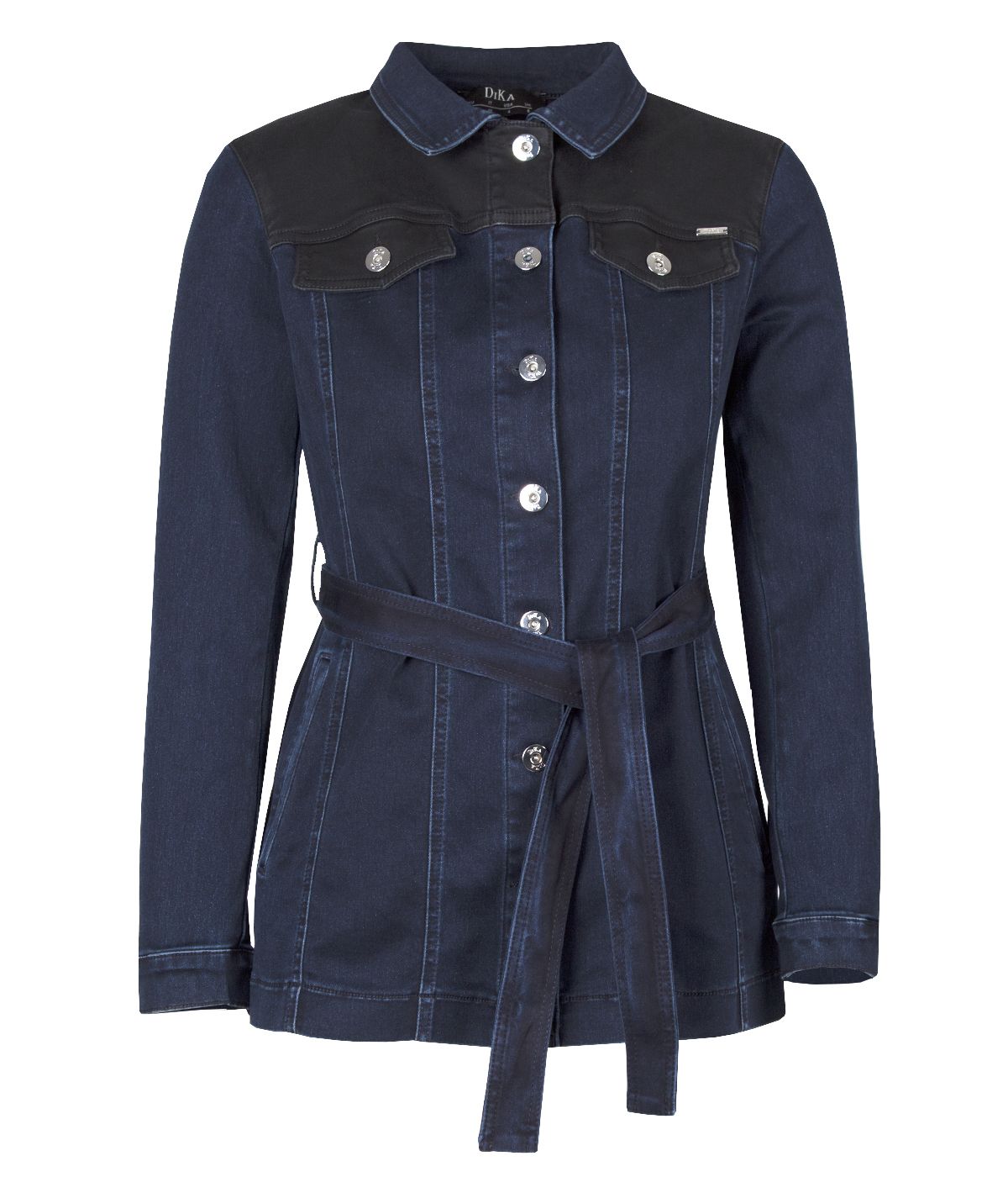Denim jacket with buttons and textile belt, with darker areas of the fabric and improved utilization 0